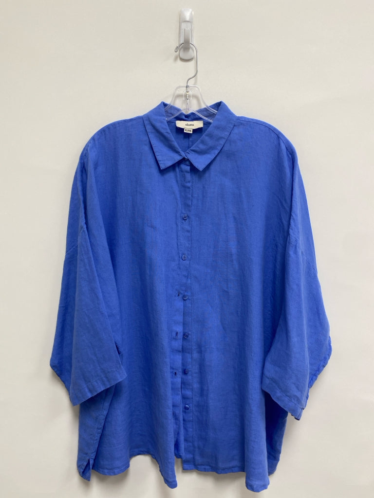 SIZE  XXL Blue Button Up Linen Plus Size Top