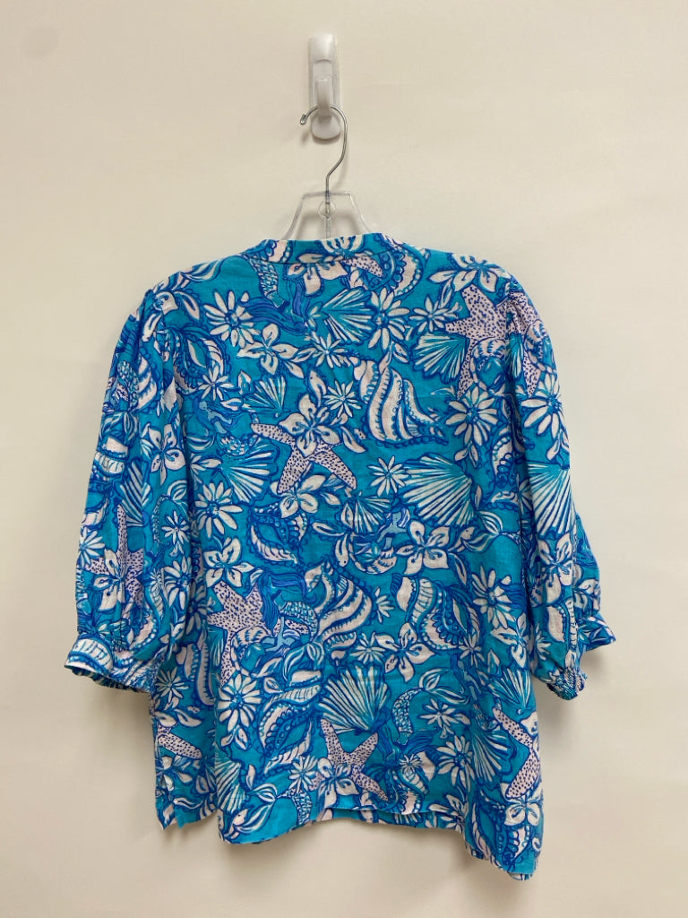 LILLY PULITZER Size 14 Turquoise White/Blue Shells 3/4 Sleeve Lined Ladies Top