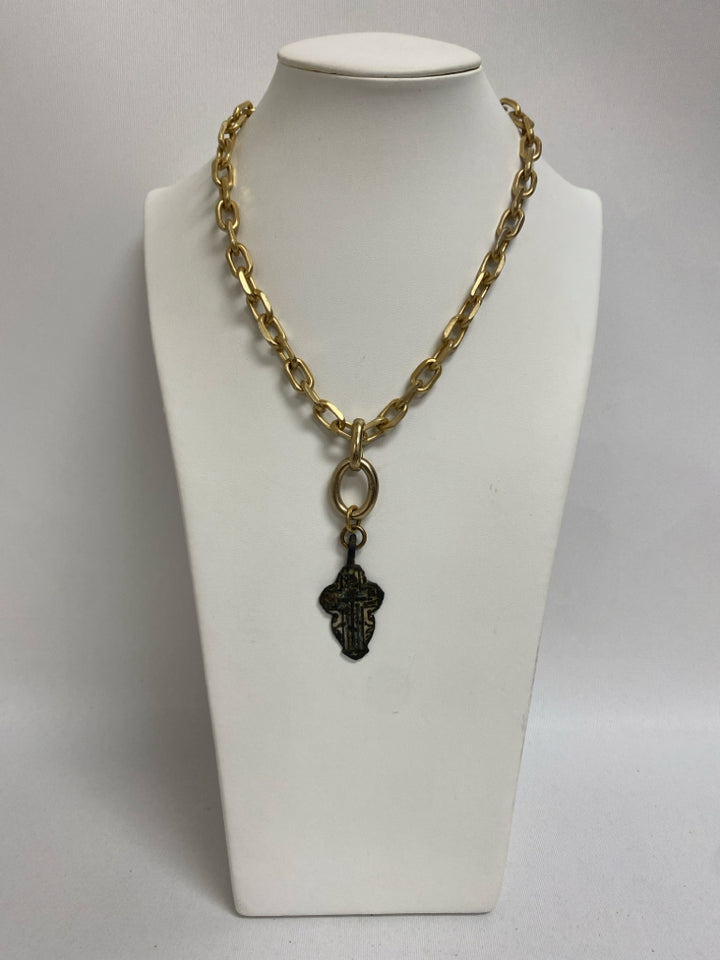 Gold Color Brown/Tan Cross Necklace