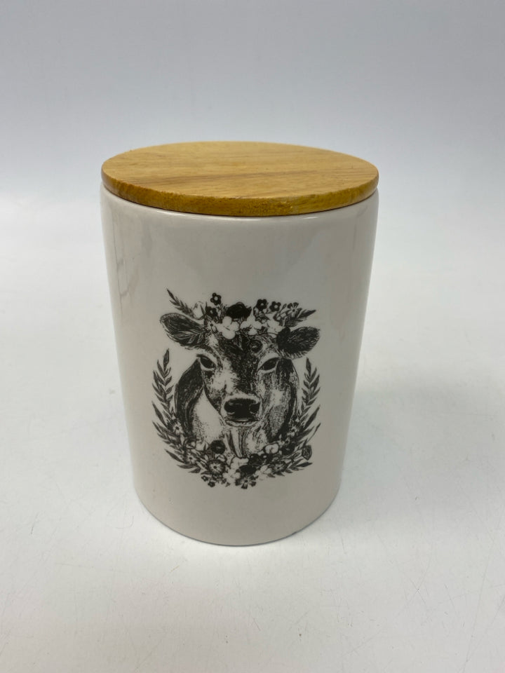White Black Cow Ceramic/Wood Canister
