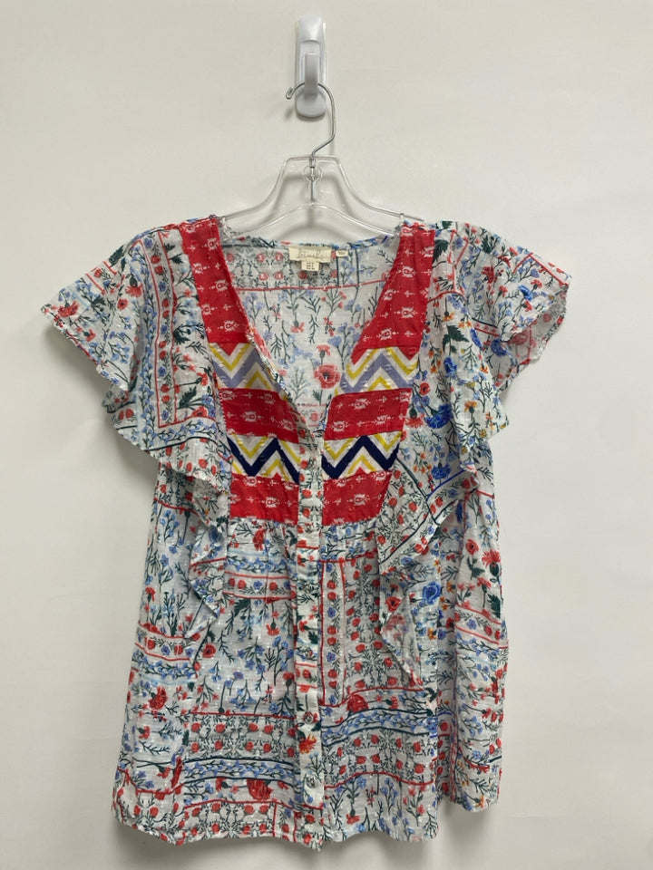Size 2 White Blue/Red Assorted Print Swiss Dot Ladies Top