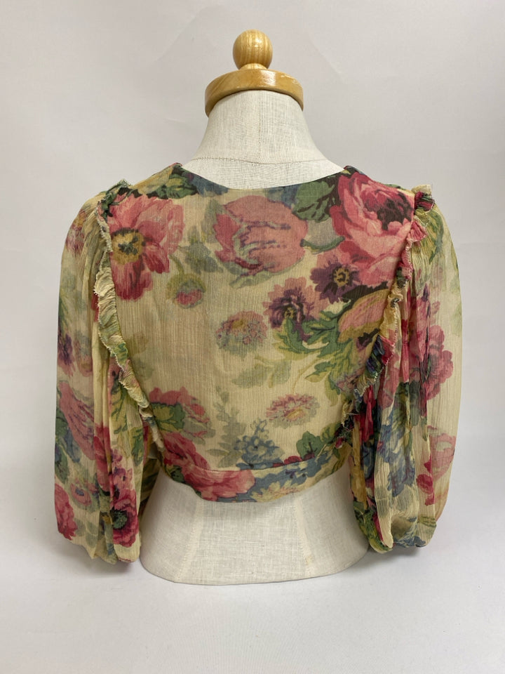 ZIMMERMANN Size 2 Beige Green/Multi Floral Cropped Silk Ladies Top