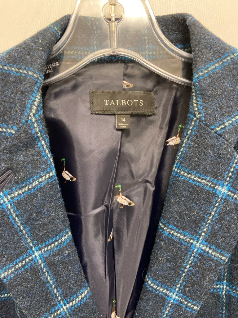 Talbots Size 14 Navy Turquoise Windowpane Wool Blend Ladies Jacket