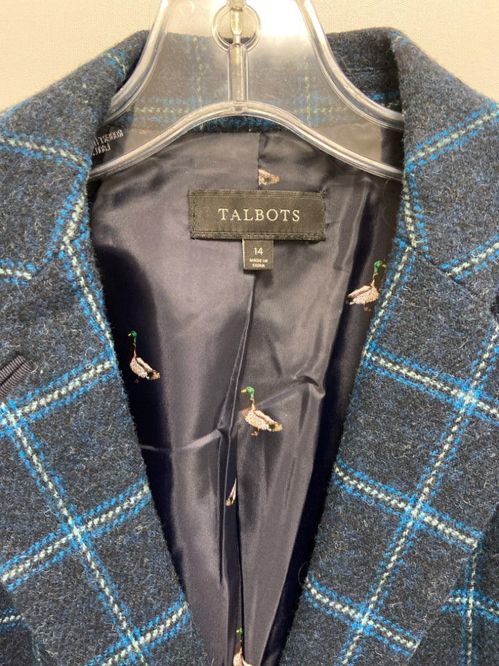 Talbots Size 14 Navy Turquoise Windowpane Wool Blend Ladies Jacket