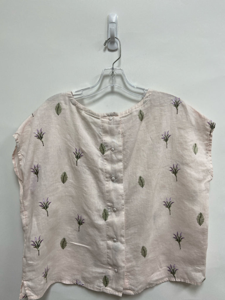 Cynthia Rowley Size S Pale Pink Green/Purple Flowers Linen Ladies Top