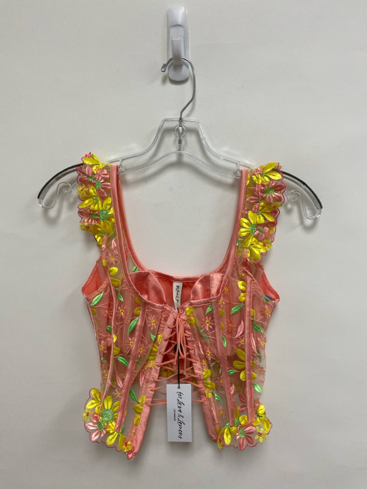 NWT For Love &amp; Lemons Size M Pink Yellow/Green Flowers Embroidered Ladies Top
