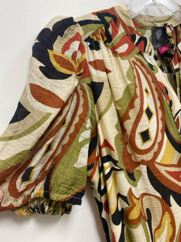 VINCE CAMUTO Size XS Beige/Blk Olive/Multi Acanthus Button Up Ladies Dress