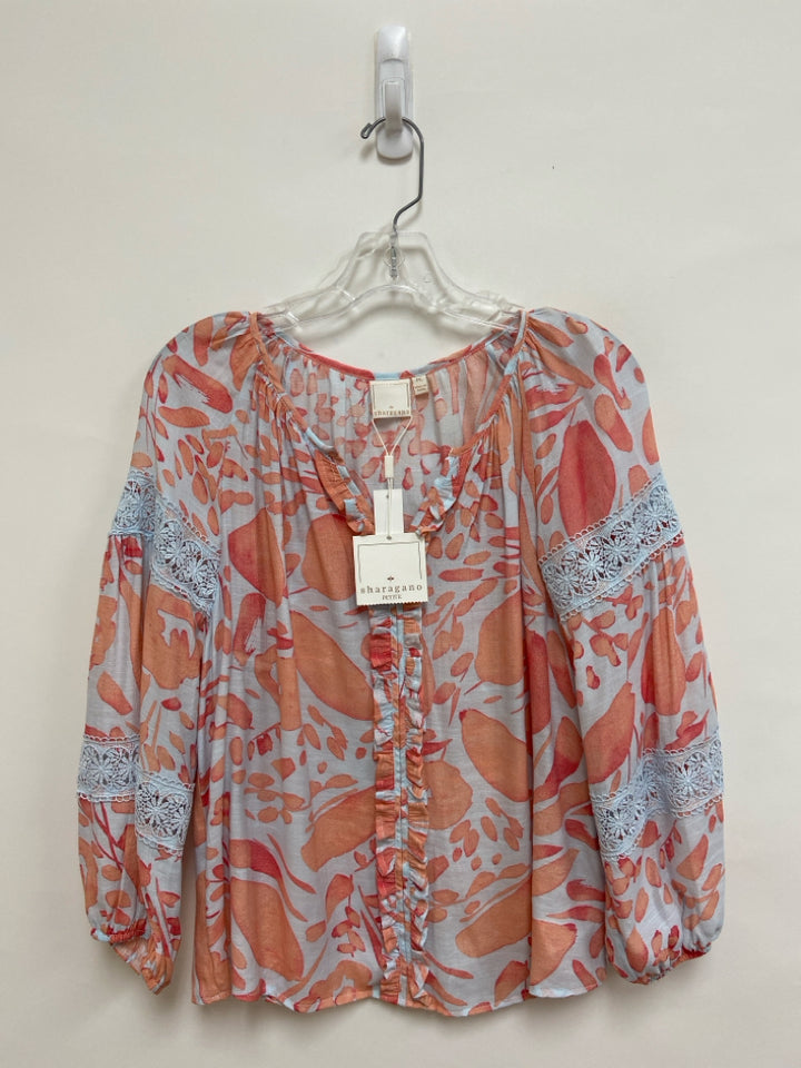 NWT Sharagano Size LP Powder Blue Coral/Pink Shapes Puff Sleeve Petite Top