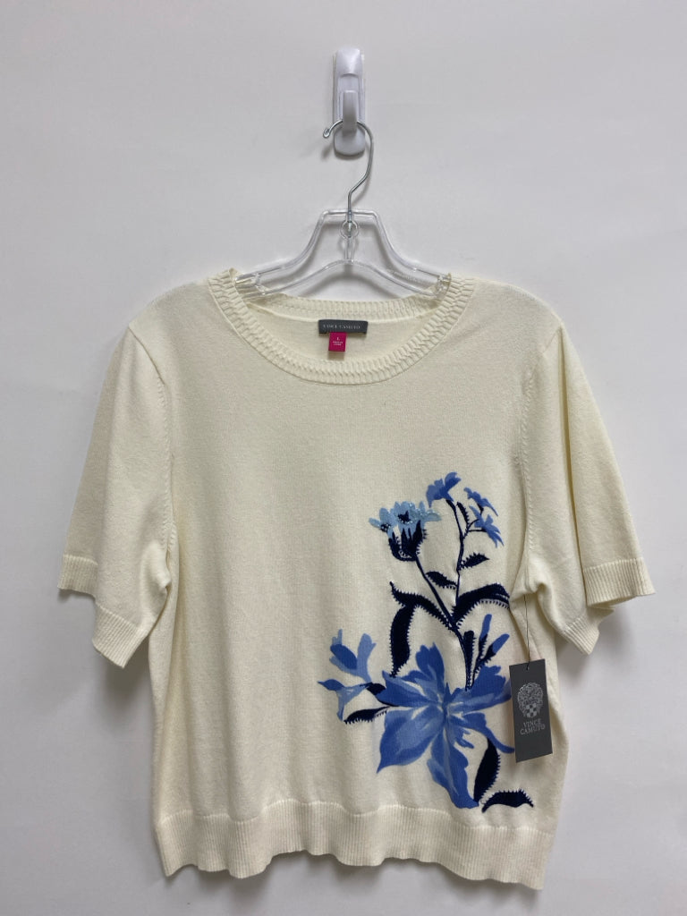 NWT VINCE CAMUTO Size L Cream Navy/Blue Print Short Sleeve Ladies Sweater
