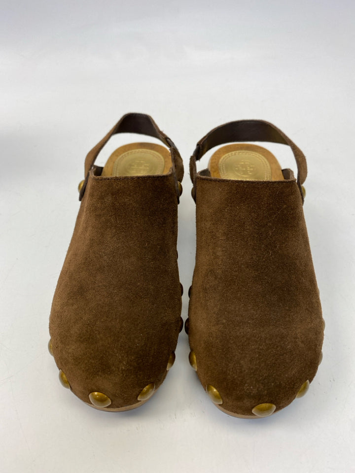 Tory Burch  Size 6 Dark Brown Gold Studded Suede Clogs