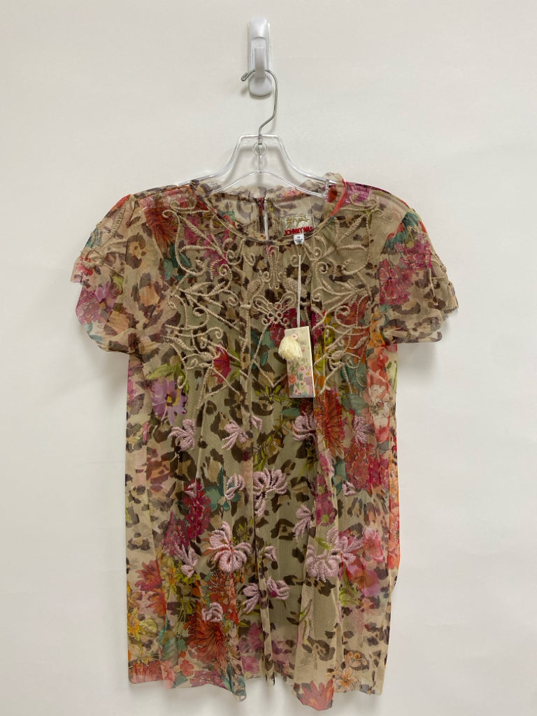 NWT JOHNNY WAS Size XS Tan Red/Multi Flowers Sleeveless Mesh Ladies Top