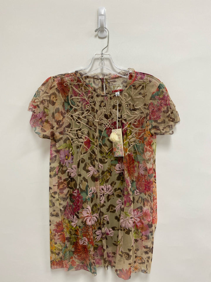NWT JOHNNY WAS Size XS Tan Red/Multi Flowers Sleeveless Mesh Ladies Top