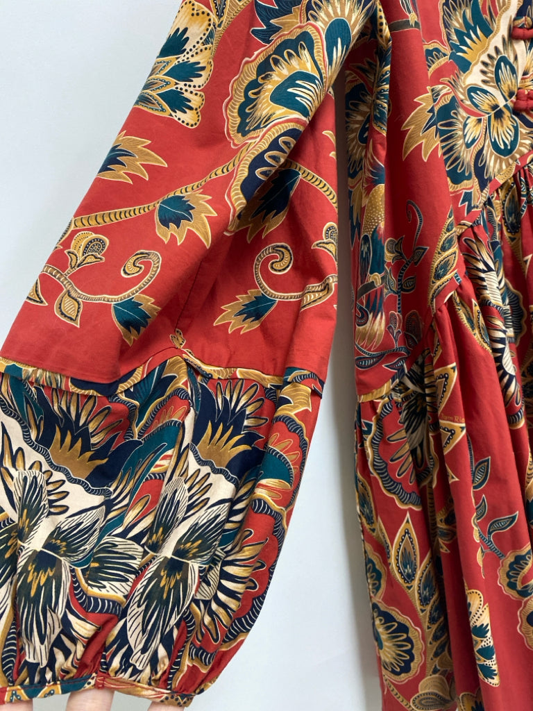 farmrio Size M Terra Cotta Navy/Gold Floral Puff Sleeve Ladies Dress