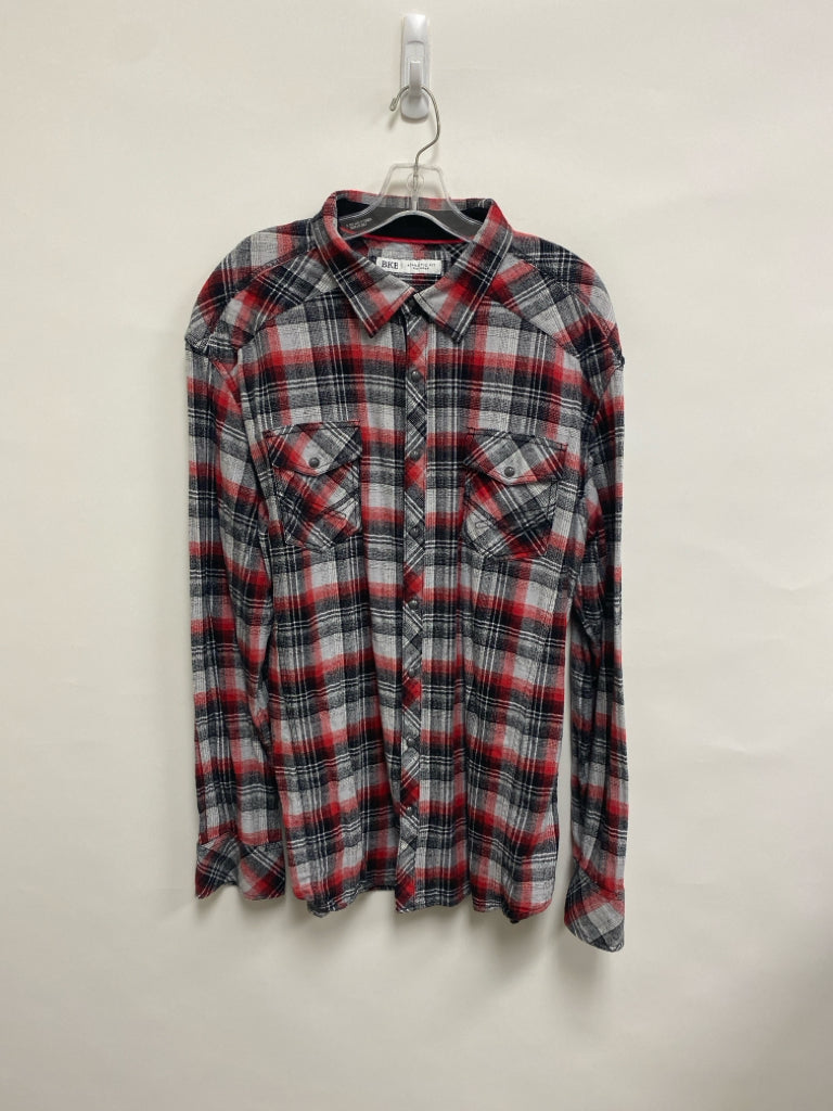 BKE Size 2X Gray/Black Red Plaid Button Down Men&