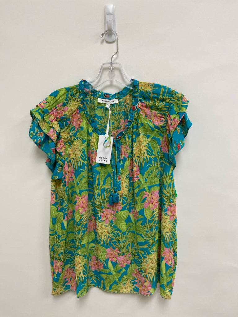 NWT Rose + Olive Size XL Blue Green/Pink Leaves Ladies Top
