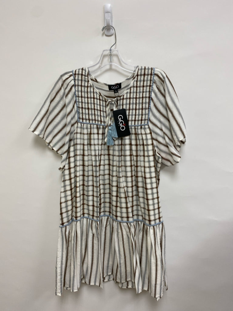 NWT GiGiO Size L Cream Gray/Brown Texture Button Up Ladies Dress