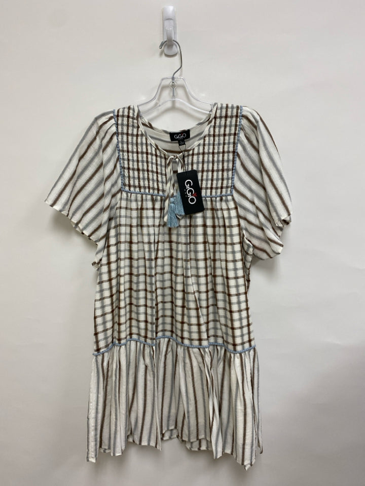 NWT GiGiO Size L Cream Gray/Brown Texture Button Up Ladies Dress