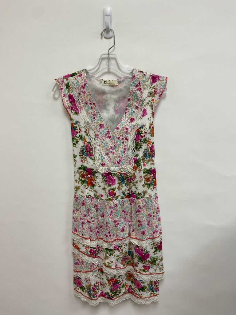 Size L Cream/Green Fuchsia/Multi Floral Sleeveless Ladies Dress