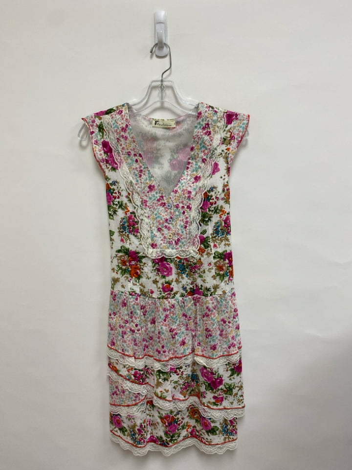 Size L Cream/Green Fuchsia/Multi Floral Sleeveless Ladies Dress