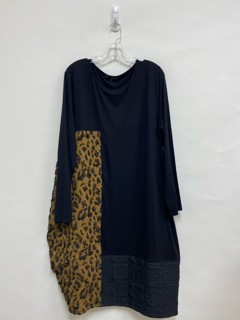 KOZAN Size L Black Tan/Gray Patchwork Long Sleeve Ladies Dress