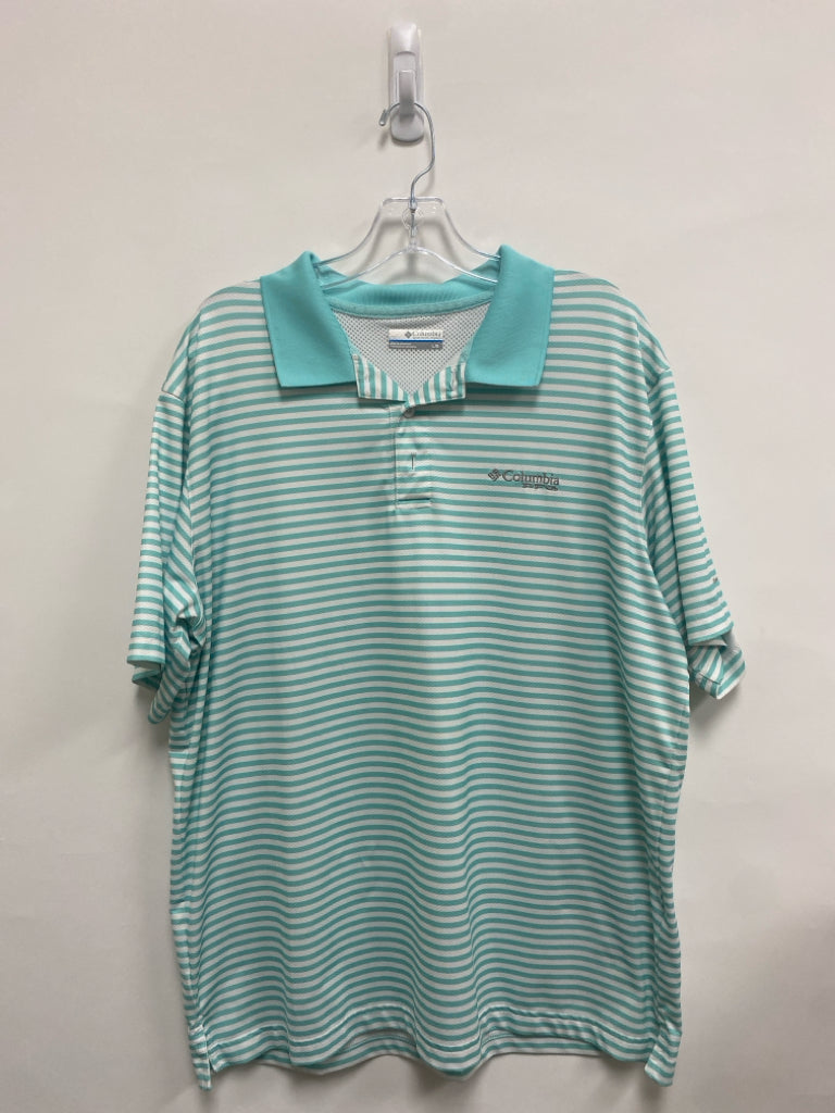 Columbia Size L Aqua/White Stripes Polo Men&