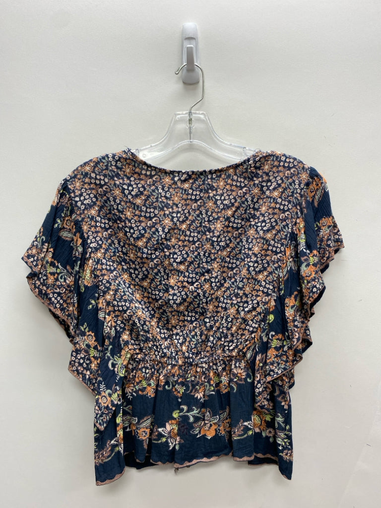 ANGIE Size L Navy/Green Orange/Brown Ruffles Cropped Ladies Top
