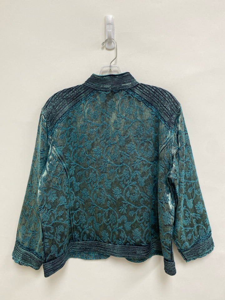 Coldwater Creek Size XLP Teal Blue Black Flowers Button Up Petite Jacket