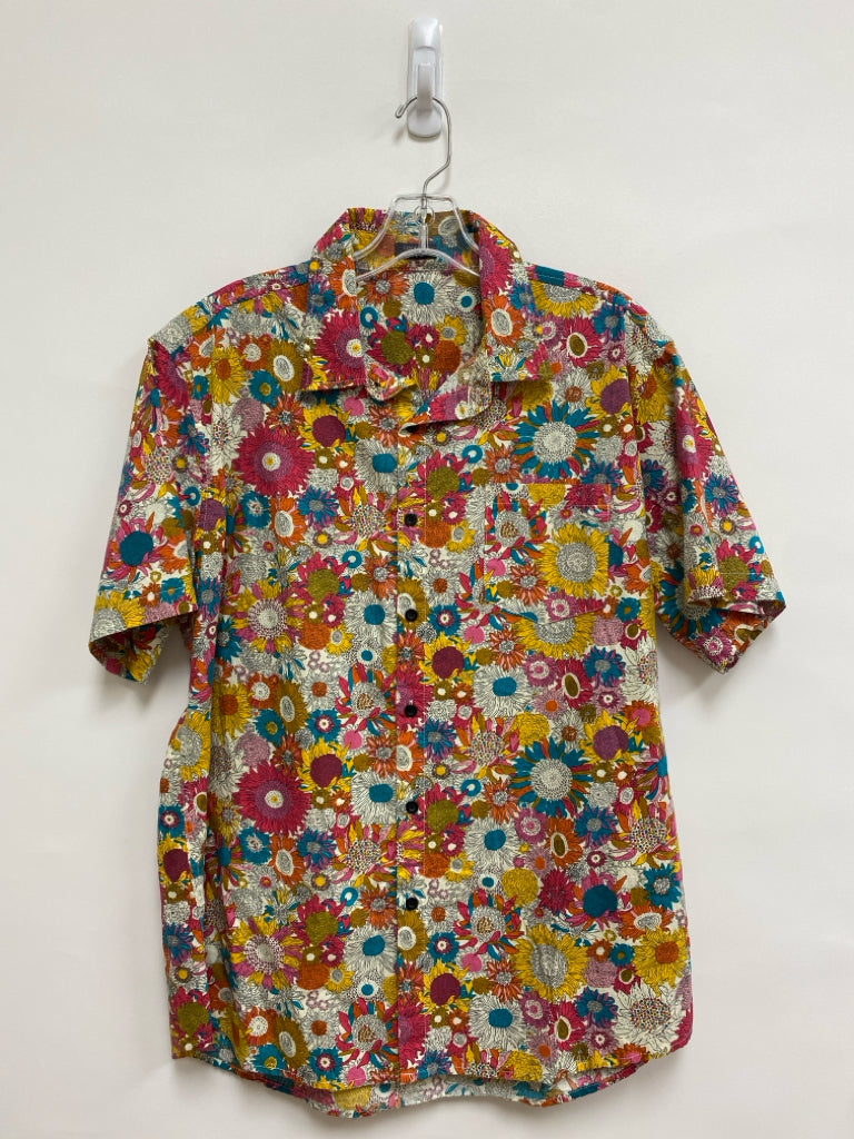 COOFANDY Size L Cream Orange/Blue Floral Button Up Men&
