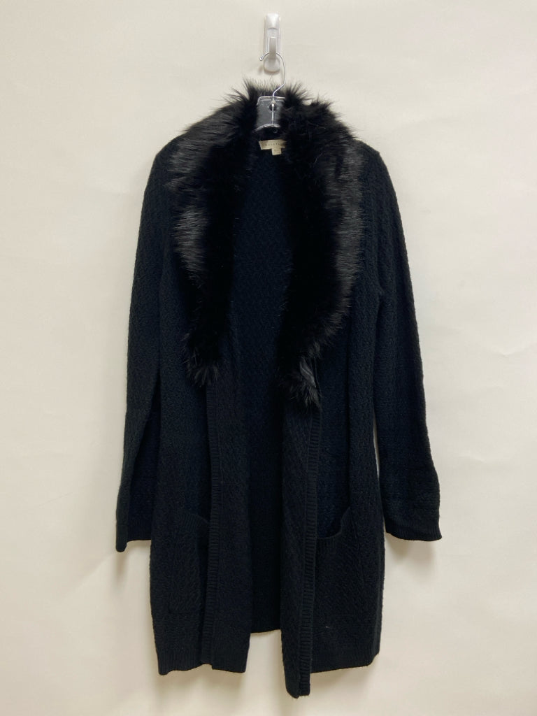 Lovestitch Size M Black Duster Faux Fur Collar Ladies Sweater
