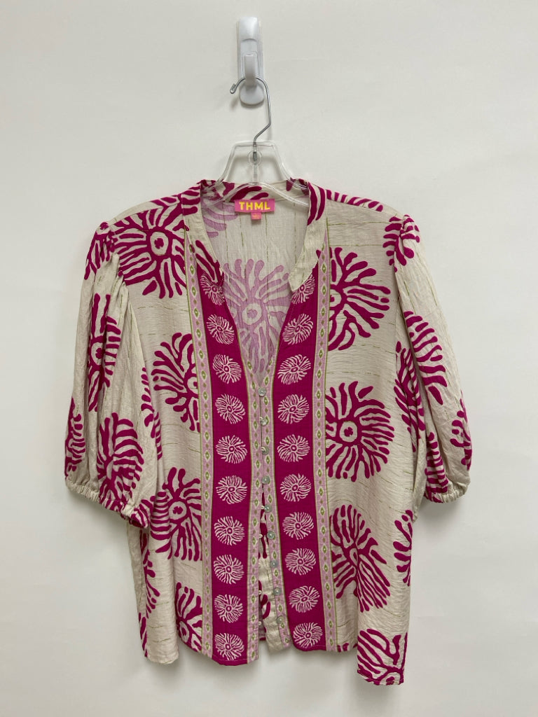 THML Size L Cream Raspberry Print Button Up Ladies Top