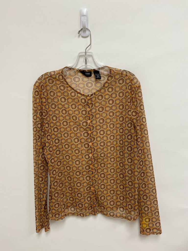 NY&amp;Co Size XL Orange Brown Circles Long Sleeve Mesh Ladies Top