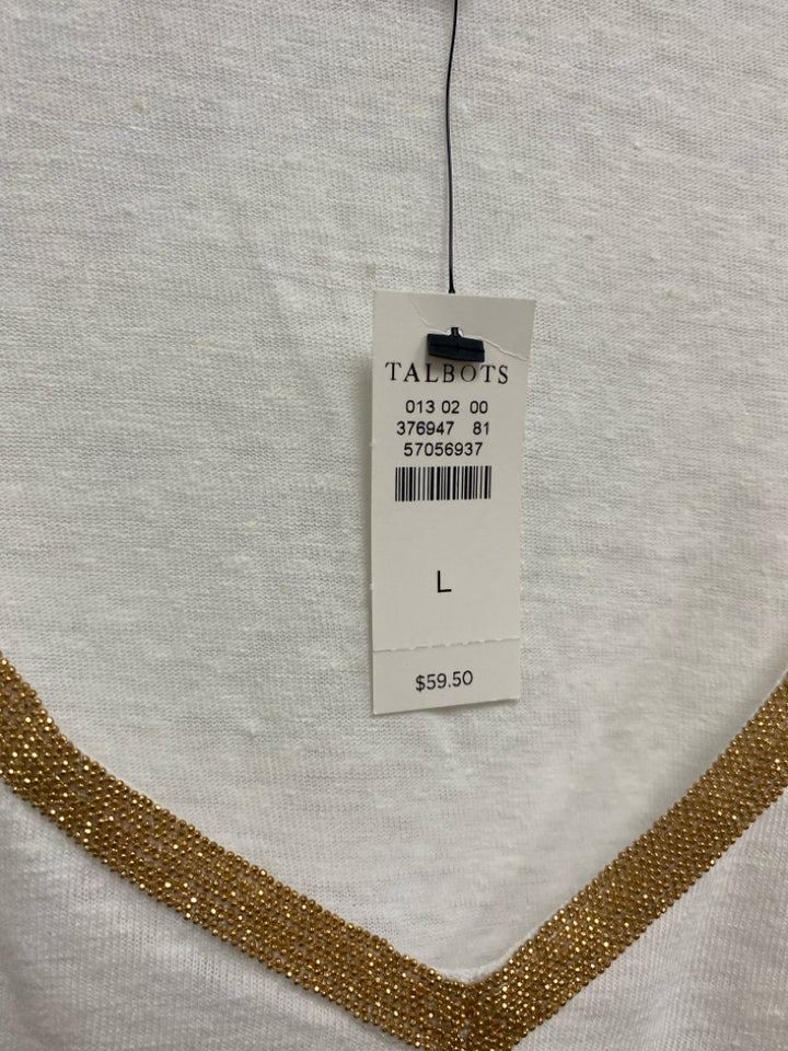 NWT Talbots Size L White Gold Trimmed V Neck Ladies Top
