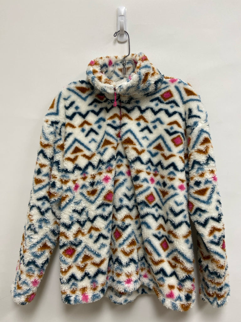 Eddie Bauer Size L Cream/Blue Tan/Pink Fuzzy Cowl Neck Ladies Pullover