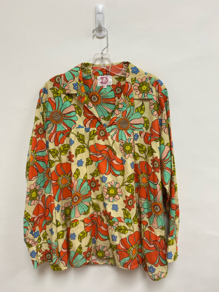 VICTORIA DUNN Size XL Beige Coral/Multi Flowers Cotton Ladies Top