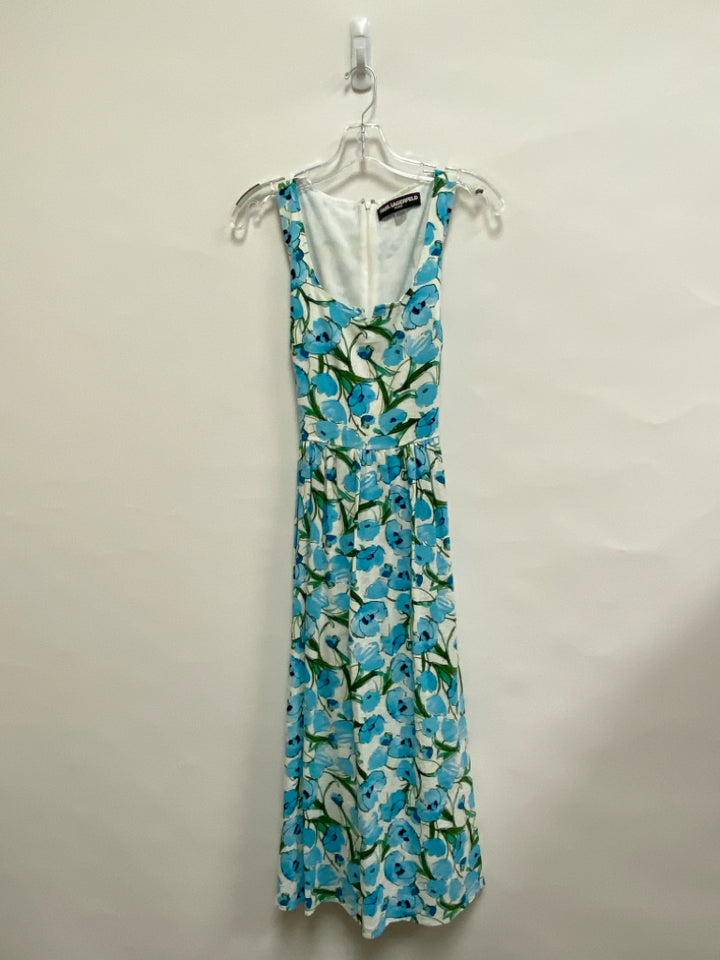 Karl Lagerfeld Size 4 White Aqua/Green Flowers Sleeveless Ladies Dress