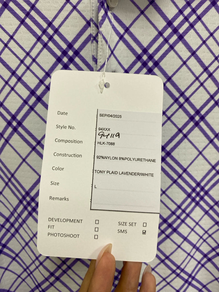 NWT IBKUL Size L White Purple Plaid Polo Men&