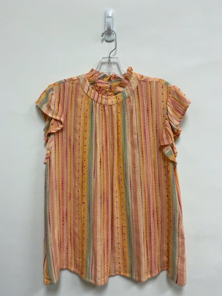 THML Size M Coral/Aqua Orange/Red Woven Mock Neck Ladies Top