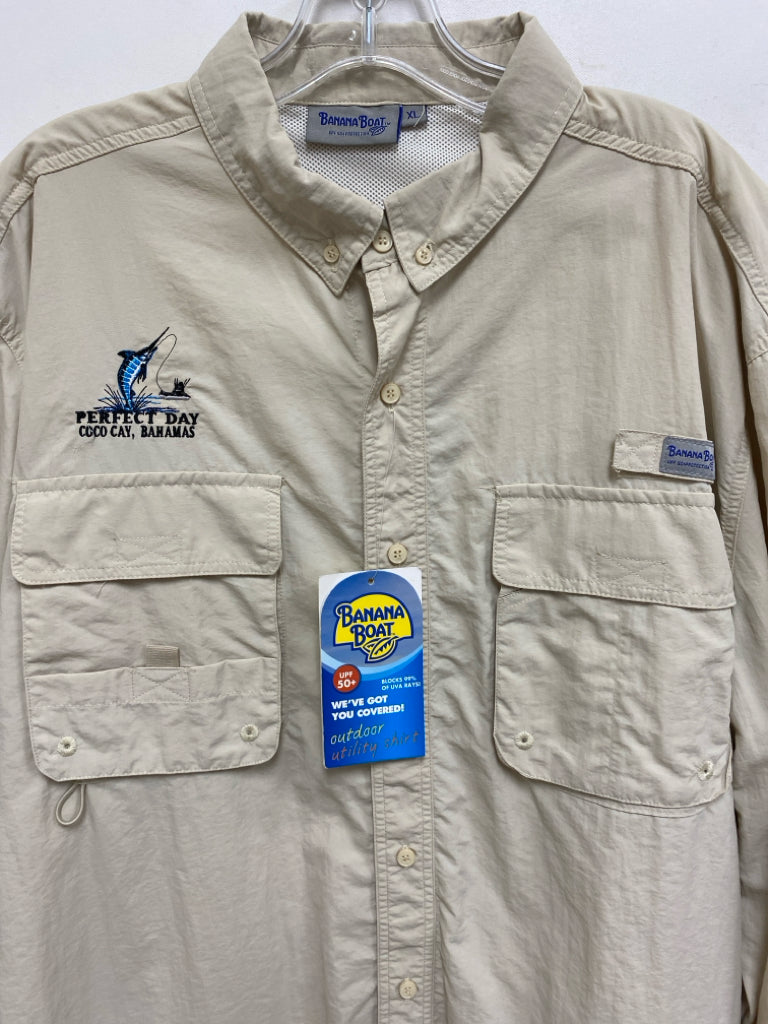NWT Banana Boat Size XL Beige Embroidered Button Up Men&