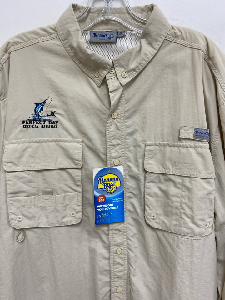 NWT Banana Boat Size XL Beige Embroidered Button Up Men&