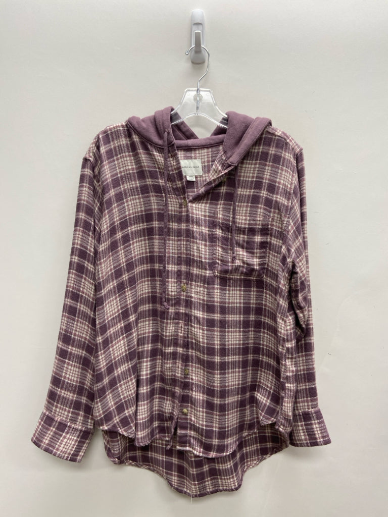 American Eagle Size M Purple White Plaid Hooded Flannel Ladies Top