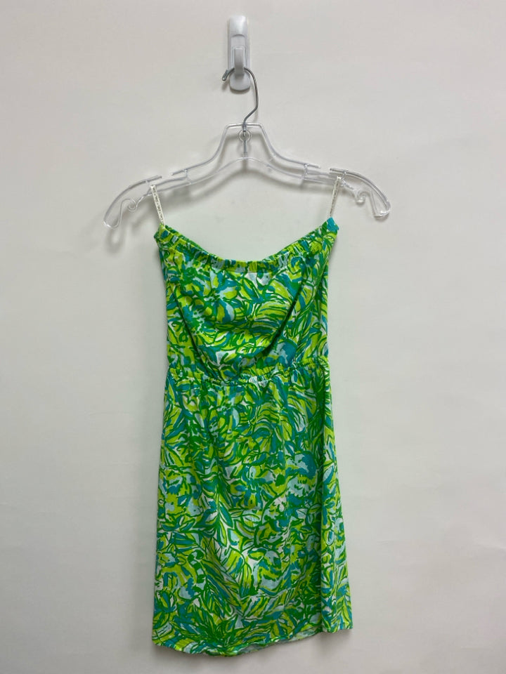 LILLY PULITZER Size XS Green Blue/White Leaves Strapless Ladies Dress