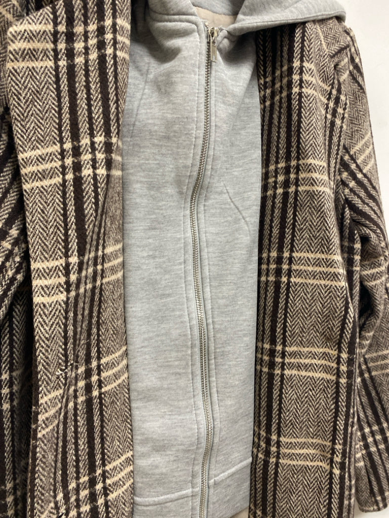 Size M Tan/Brown Gray Plaid Button Up Hooded Ladies Jacket