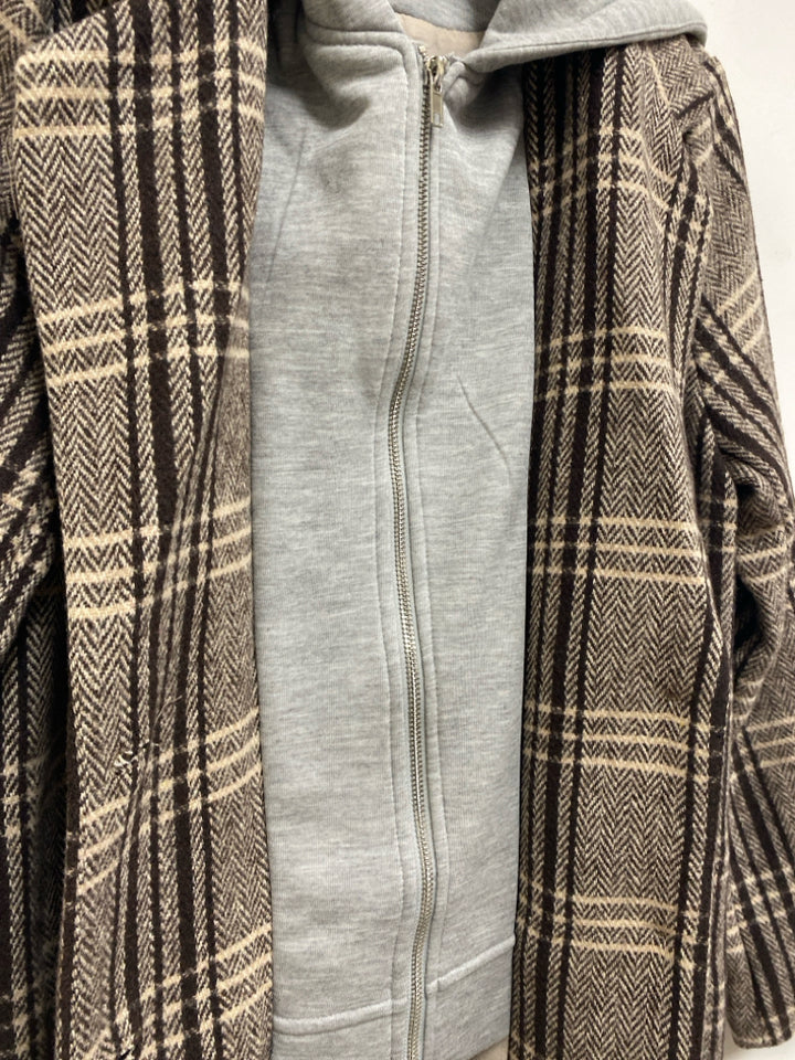 Size M Tan/Brown Gray Plaid Button Up Hooded Ladies Jacket