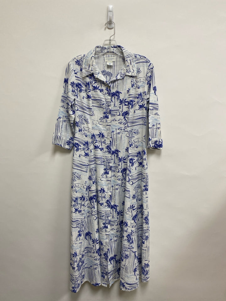 Size XS White Navy/Blue Tropical Button Up Linen Blend Ladies Dress