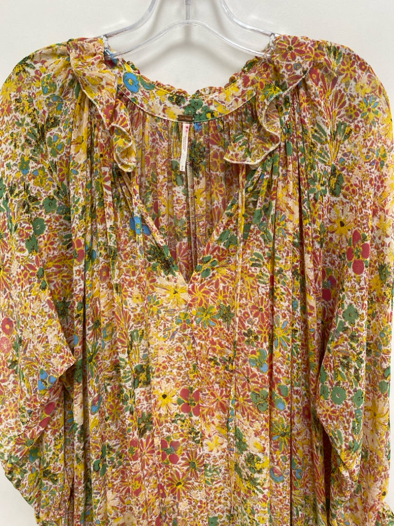 Free People Size M Pink/Yellow White/Green Floral Maxi Sheer Ladies Dress