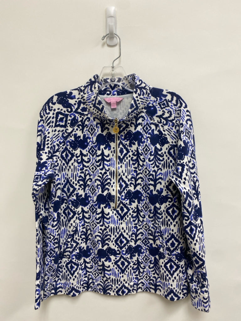 LILLY PULITZER Size L White Navy/Blue Elephant(s) Quarter Zip Ladies Jacket
