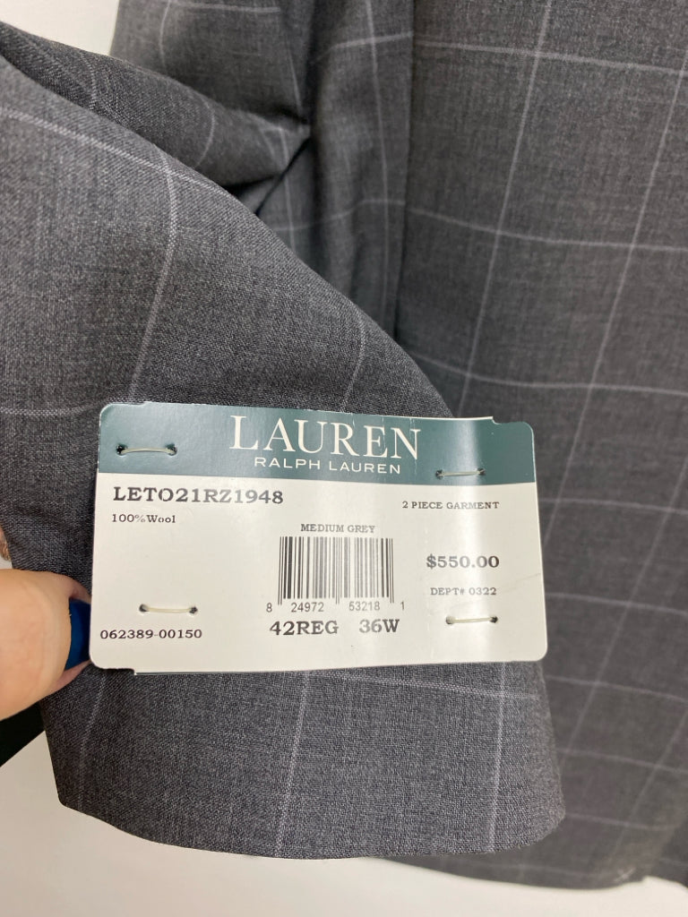 NWT Ralph Lauren Size 42R Gray Windowpane Wool Men&