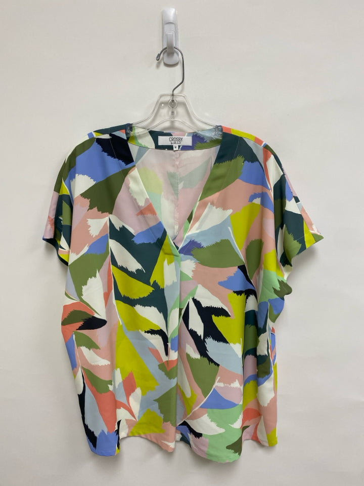 Crosby Size M Yellow/Blue Sage/Multi Abstract V Neck Ladies Top