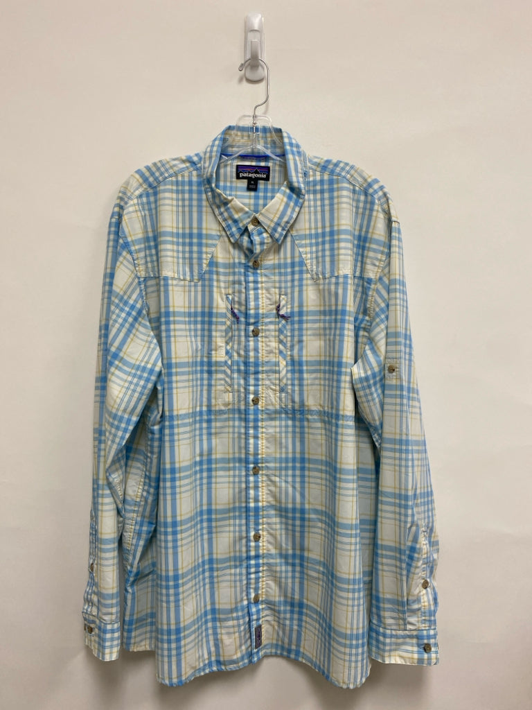 Patagonia Size XL Cream/Blue Yellow Plaid Button Up Men&