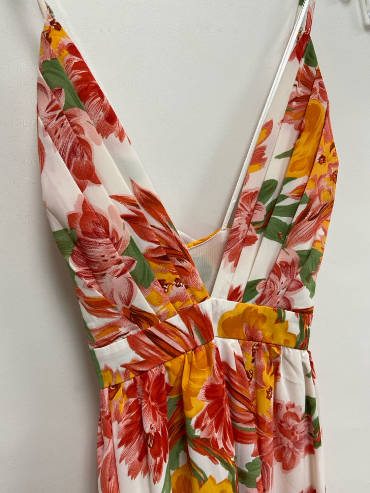 Size M White/Orange Coral/Green Flowers Maxi Ladies Dress